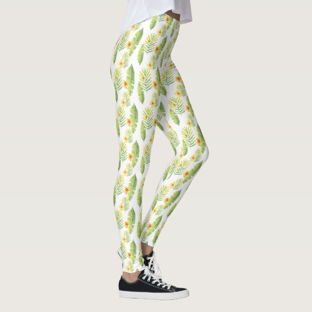 Yellow and Green Tropical Leaves and Flowers Leggings (Right)