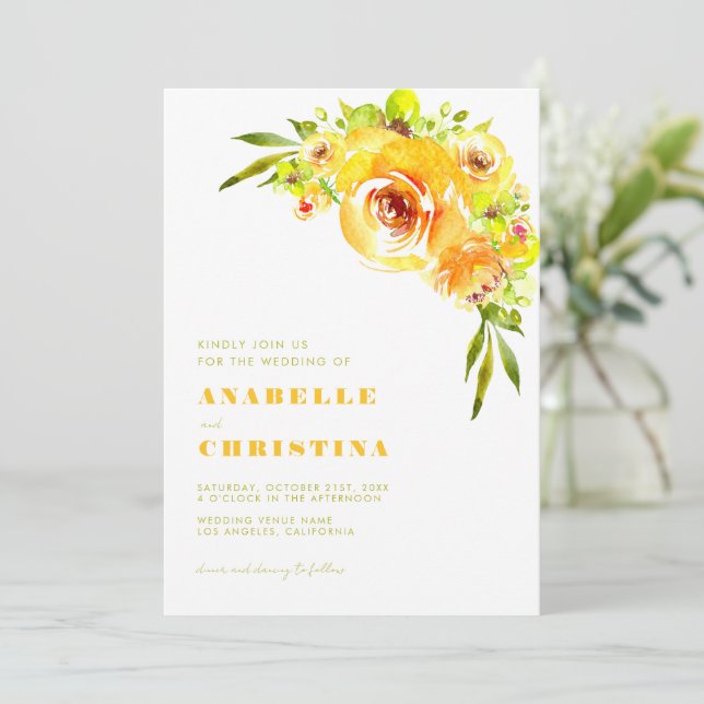 Yellow and Green Watercolor Floral Garden Wedding Invitation (Standing Front)