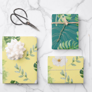 Yellow and Green Watercolor Floral & Tropical Leaf Wrapping Paper Sheet