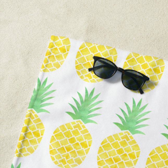 Yellow and Green Watercolor Pineapple Pattern Beach Towel (In Situ)