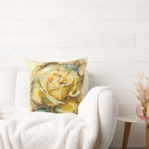 Yellow and Green Watercolor Rose Enlarged Cushion