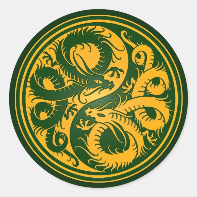 Yellow and Green Yin Yang Chinese Dragons Classic Round Sticker (Front)