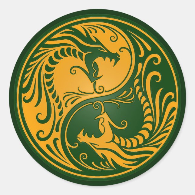 Yellow and Green Yin Yang Dragons Classic Round Sticker (Front)