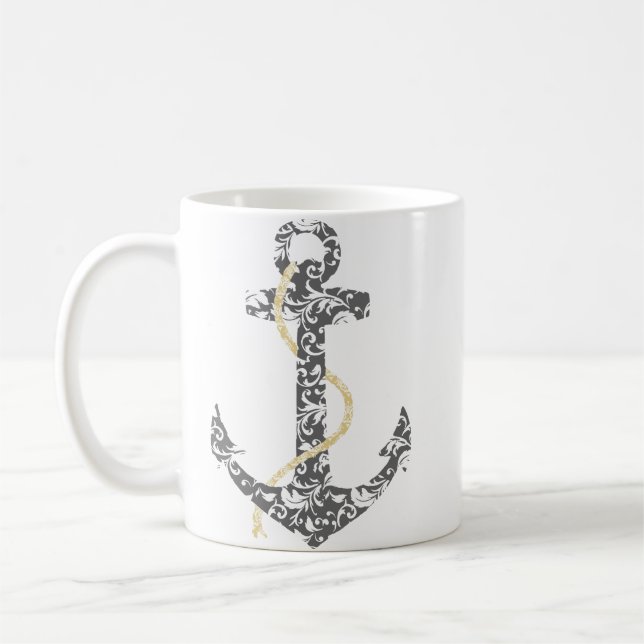 Yellow and Grey Anchor Beach Wedding Coffee Mug (Left)
