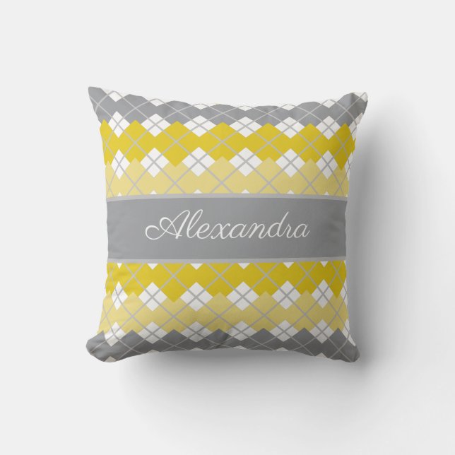 Yellow and Grey Argyle Pattern  Custom Name Cushion (Front)