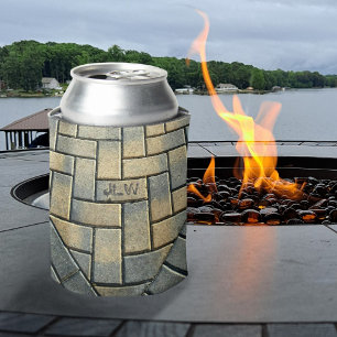Yellow and Grey Brick Pattern with Initials Can Cooler
