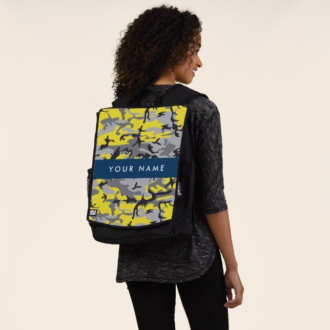 Yellow and Grey Camouflage Your name Personalise Backpack (Worn)