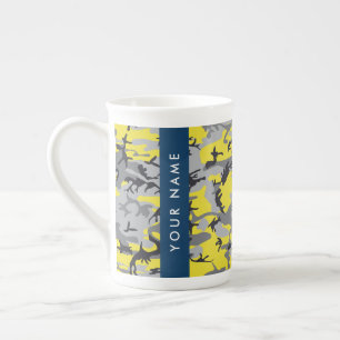 Yellow and Grey Camouflage Your name Personalise Bone China Mug