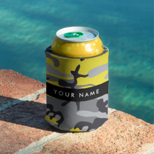 Yellow and Grey Camouflage Your name Personalise Can Cooler