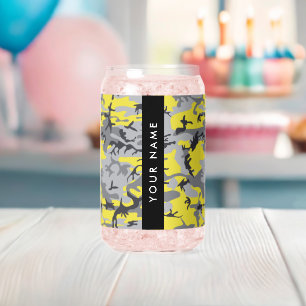 Yellow and Grey Camouflage Your name Personalise Can Glass