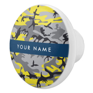 Yellow and Grey Camouflage Your name Personalise Ceramic Knob