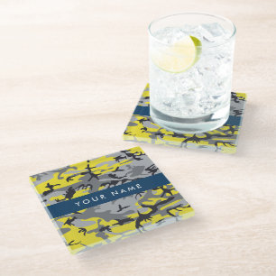 Yellow and Grey Camouflage Your name Personalise Glass Coaster