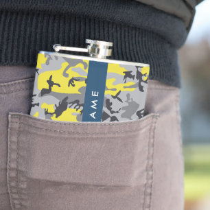 Yellow and Grey Camouflage Your name Personalise Hip Flask