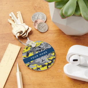 Yellow and Grey Camouflage Your name Personalise Key Ring