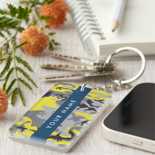 Yellow and Grey Camouflage Your name Personalise Key Ring