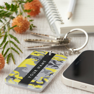 Yellow and Grey Camouflage Your name Personalise Key Ring