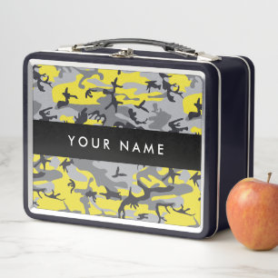 Yellow and Grey Camouflage Your name Personalise Metal Lunch Box
