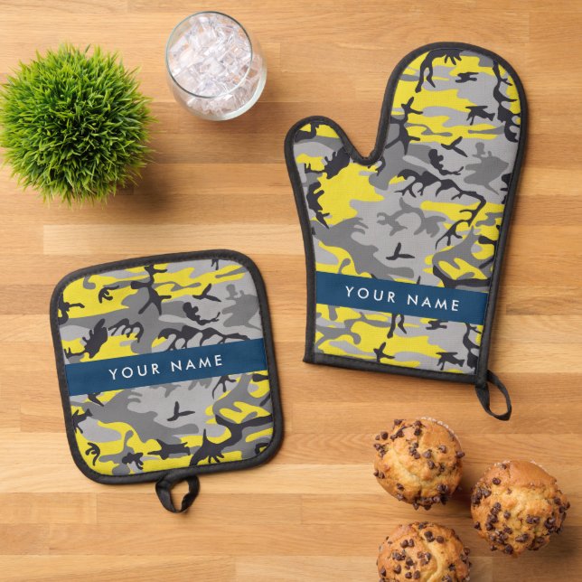 Yellow and Grey Camouflage Your name Personalise Oven Mitt & Pot Holder Set (Top Down)