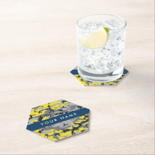 Yellow and Grey Camouflage Your name Personalise Paper Coaster
