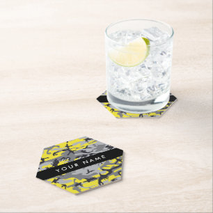 Yellow and Grey Camouflage Your name Personalise Paper Coaster