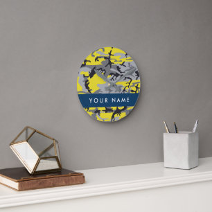 Yellow and Grey Camouflage Your name Personalise Round Clock