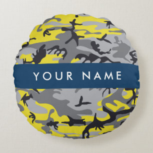 Yellow and Grey Camouflage Your name Personalise Round Cushion