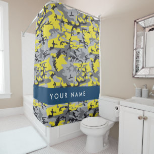 Yellow and Grey Camouflage Your name Personalise Shower Curtain