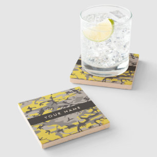 Yellow and Grey Camouflage Your name Personalise Stone Coaster