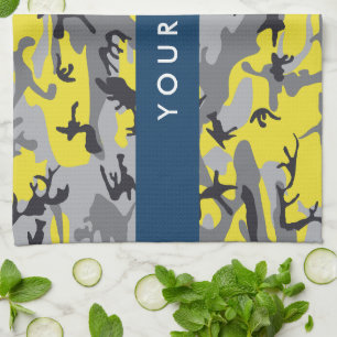 Yellow and Grey Camouflage Your name Personalise Tea Towel