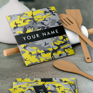Yellow and Grey Camouflage Your name Personalise Tile