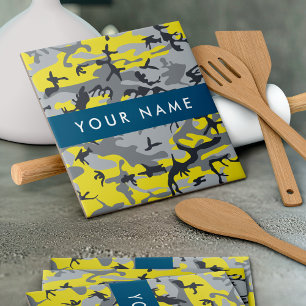 Yellow and Grey Camouflage Your name Personalise Tile