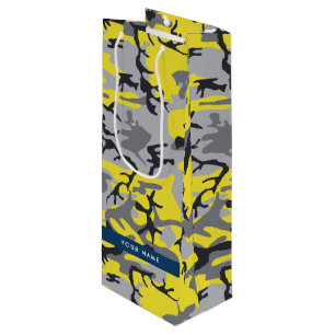 Yellow and Grey Camouflage Your name Personalise Wine Gift Bag