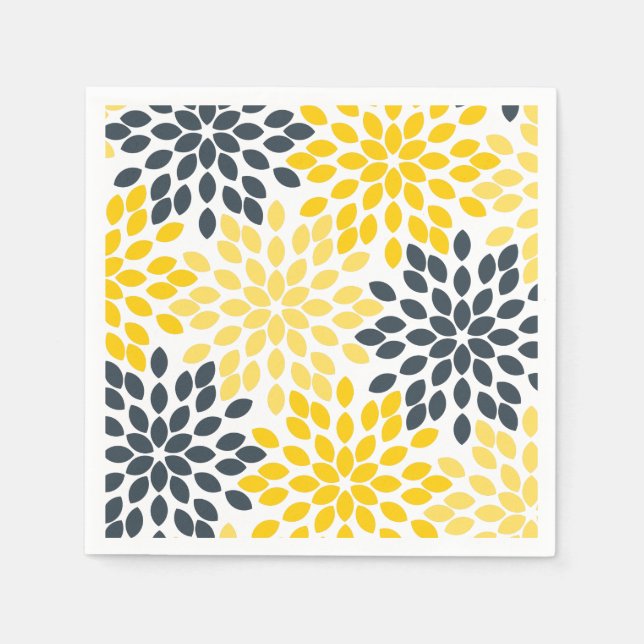 Yellow and Grey Charcoal Modern Floral Napkin (Front)