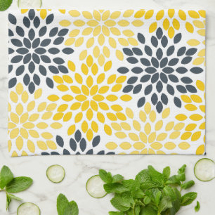 Yellow and Grey Charcoal Modern Floral Tea Towel