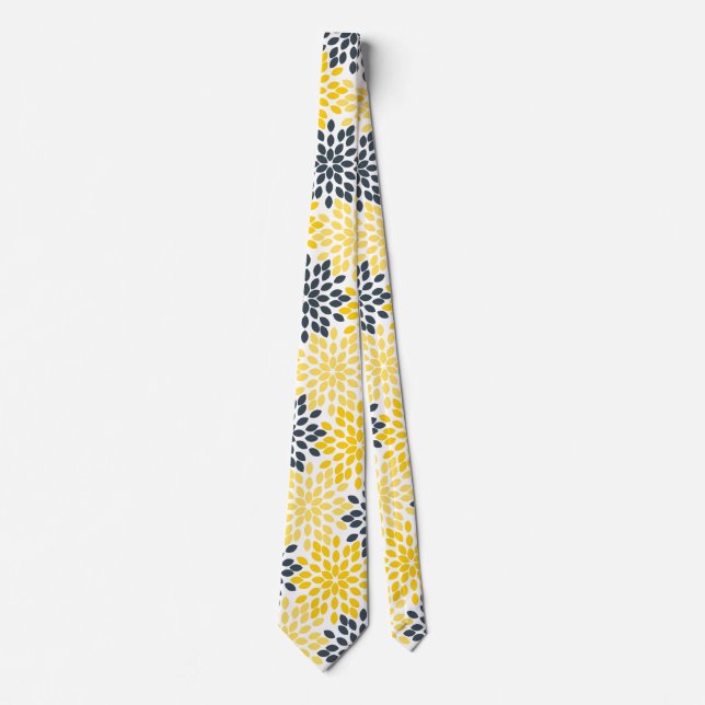 Yellow and Grey Charcoal Modern Floral Tie (Front)