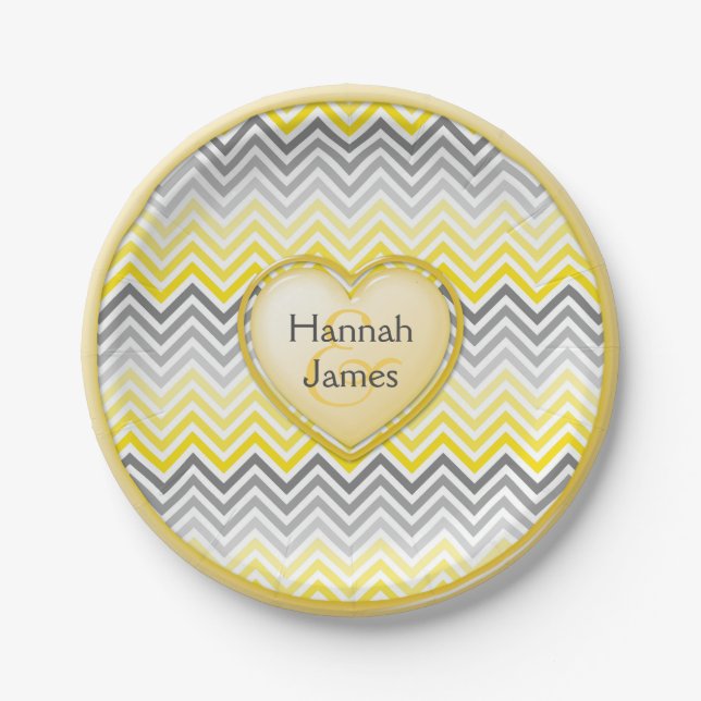 Yellow and Grey Chevron Custom Heart Paper Plate (Front)