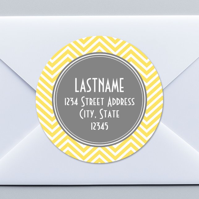 Yellow and Grey Chevron Pattern Custom Monogram Classic Round Sticker (Custom Return Address Sticker)