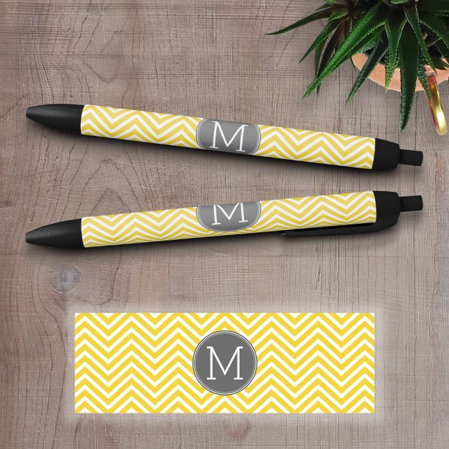 Yellow and Grey Chevron Pattern with Monogram Black Ink Pen (Personalized Writing Pens)
