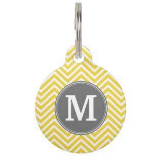 Yellow and Grey Chevron Pattern with Monogram Pet Tag