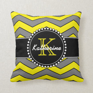 Yellow and Grey Chevron, Personalised, Monogrammed Cushion