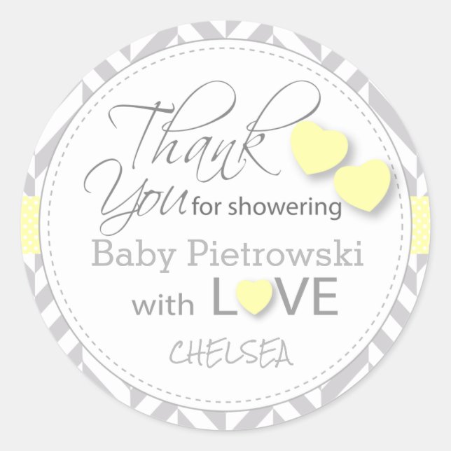 Yellow and Grey Chevron Thank You Classic Round Sticker (Front)
