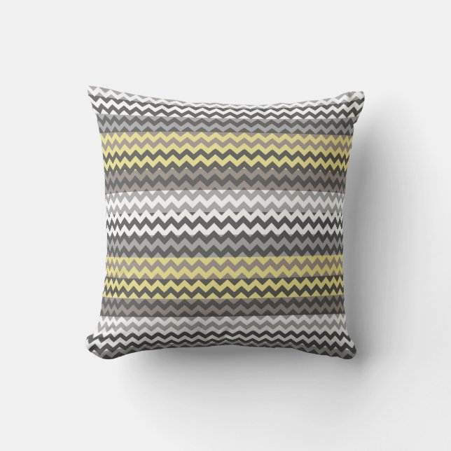 Yellow and Grey Chevron Zigzag Stripe Pattern Cushion (Front)