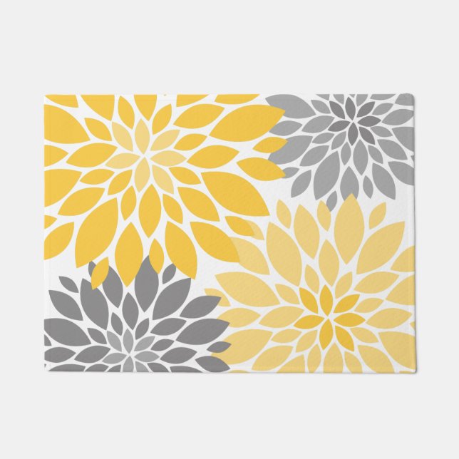 Yellow and Grey Chrysanthemums Floral Pattern Doormat (Front)