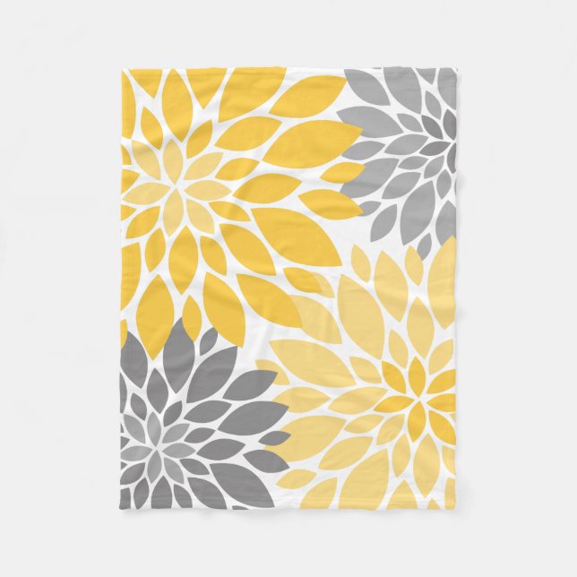 Yellow and Grey Chrysanthemums Floral Pattern Fleece Blanket (Front)