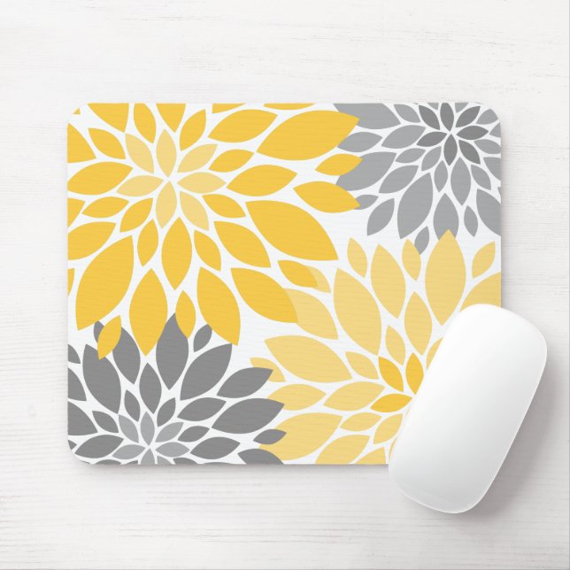 Yellow and Grey Chrysanthemums Floral Pattern Mouse Mat (With Mouse)