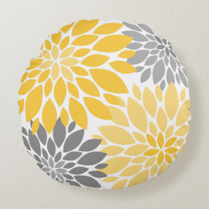 Yellow and Grey Chrysanthemums Floral Pattern Round Cushion