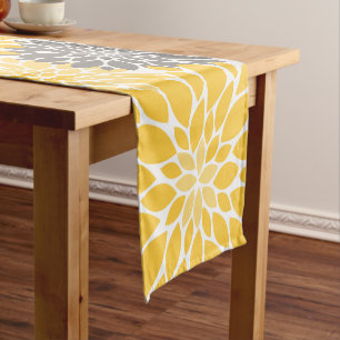 Yellow and Grey Chrysanthemums Floral Pattern Short Table Runner