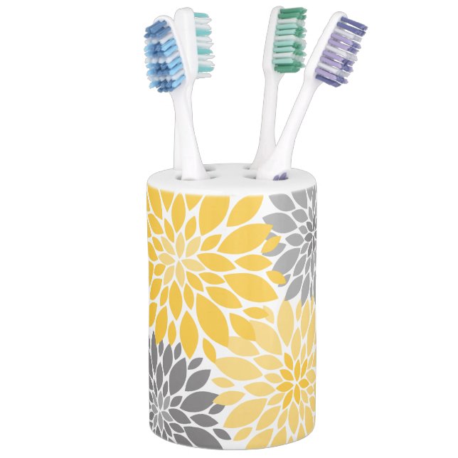Yellow and Grey Chrysanthemums Floral Pattern Soap Dispenser And Toothbrush Holder (In Situ)