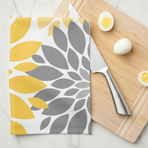 Yellow and Grey Chrysanthemums Floral Pattern Tea Towel