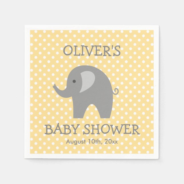 Yellow and grey cute elephant baby shower napkins (Front)